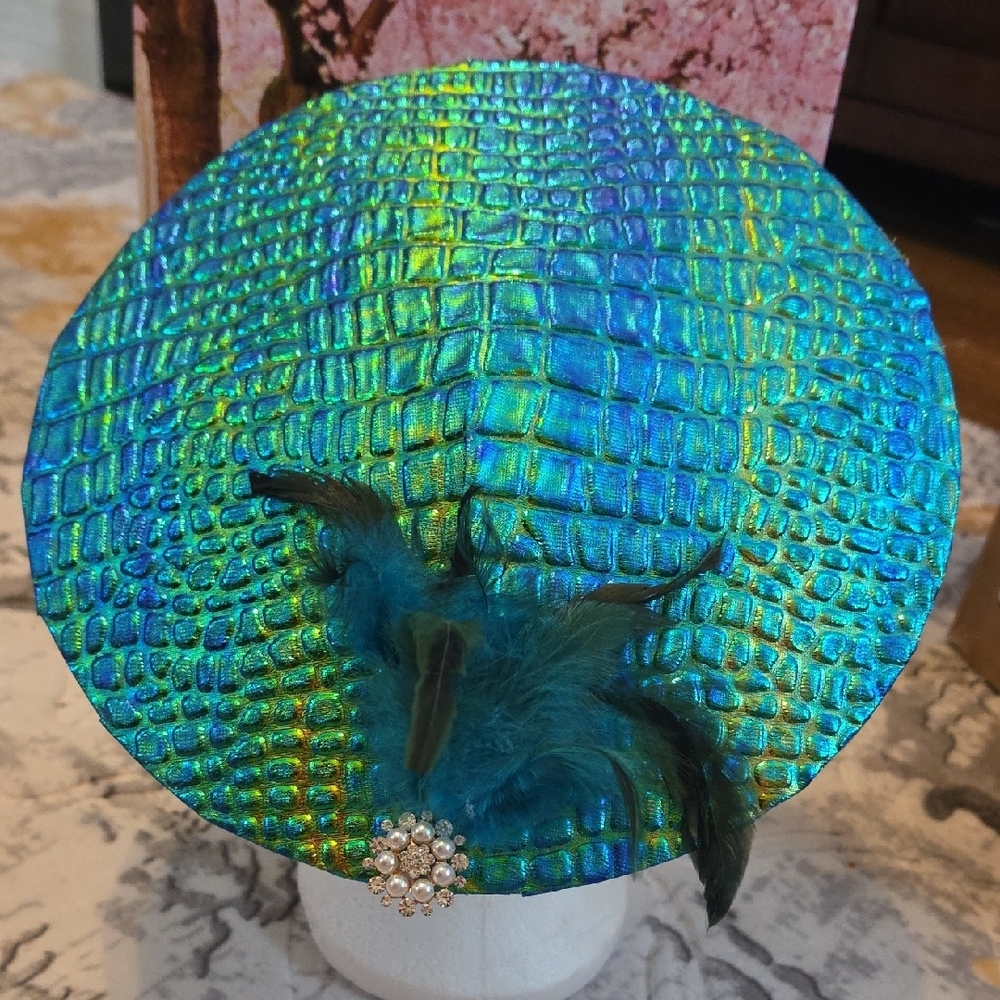 Iridescent Peacock Blue Fascinator Headband - Picture 2 of 3